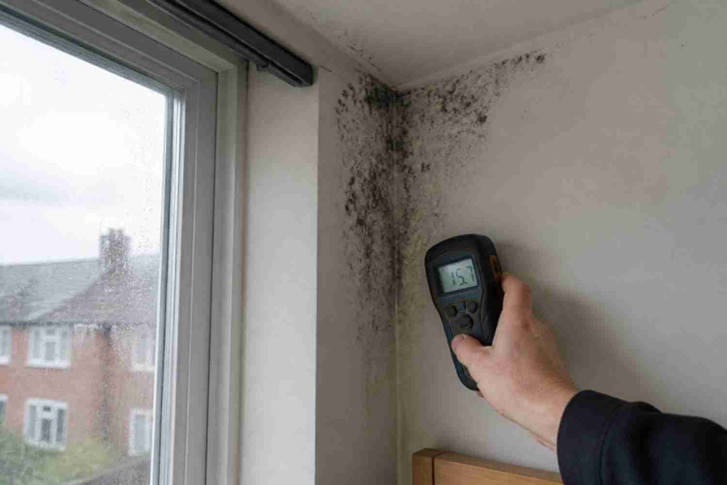 Moisture meter reading on a mouldy bedroom wall